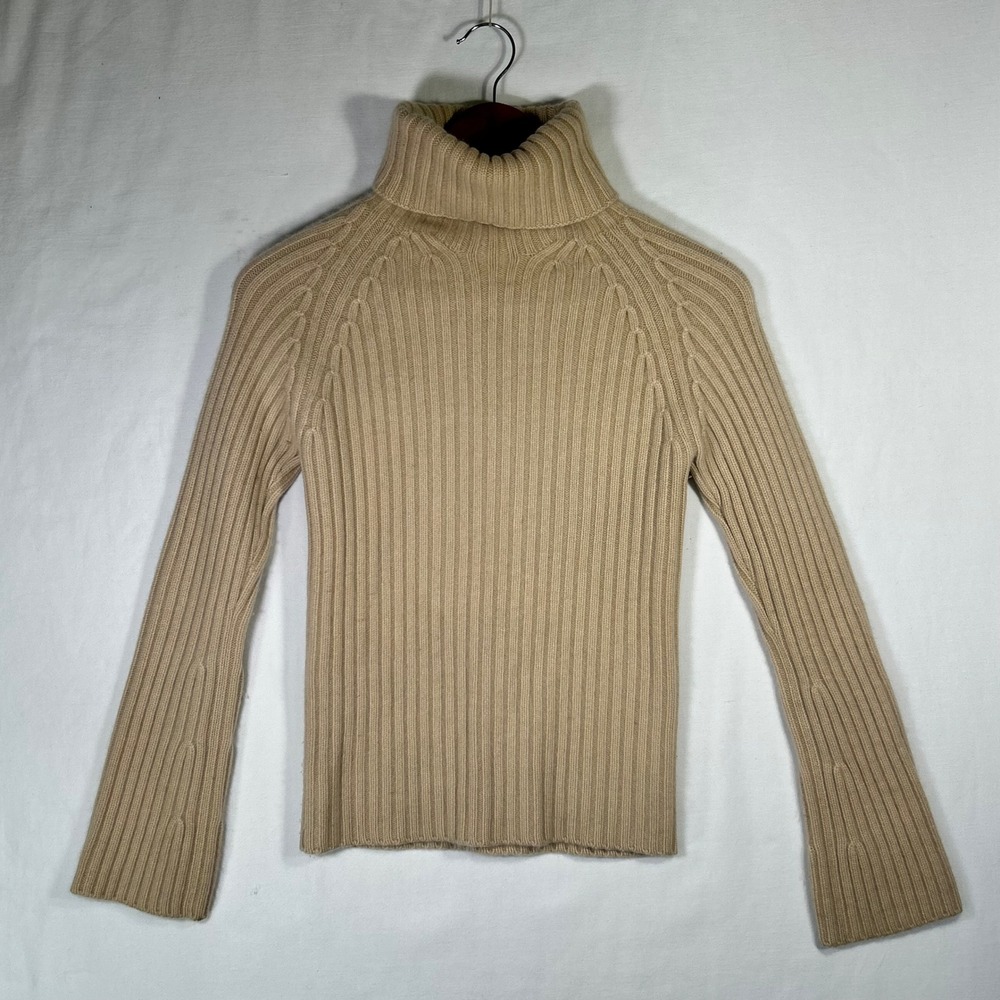 Banana Republic Womens 100% Cashmere Ribbed Turtleneck Sweater Tan Beige XS